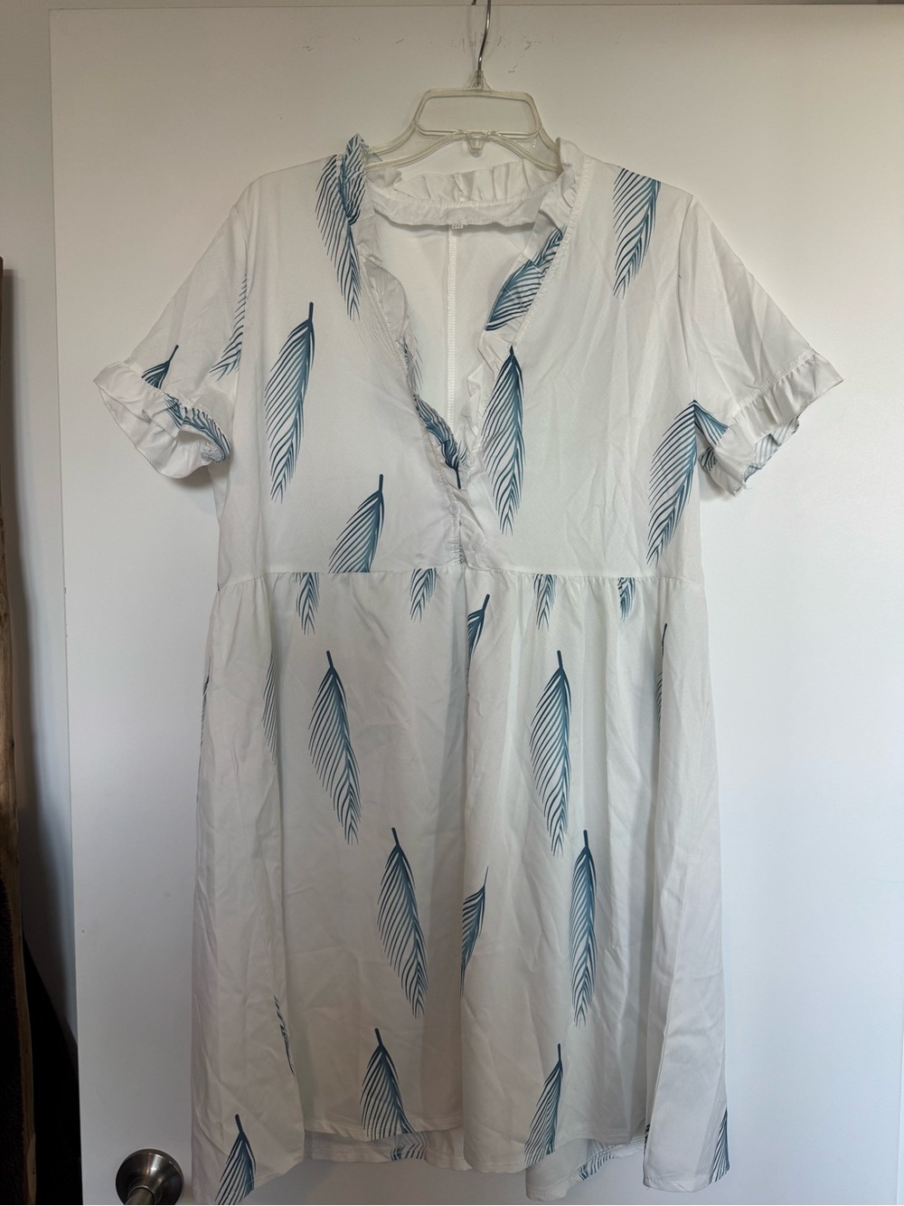 Amazon Women's White Dress with Blue Feather Print